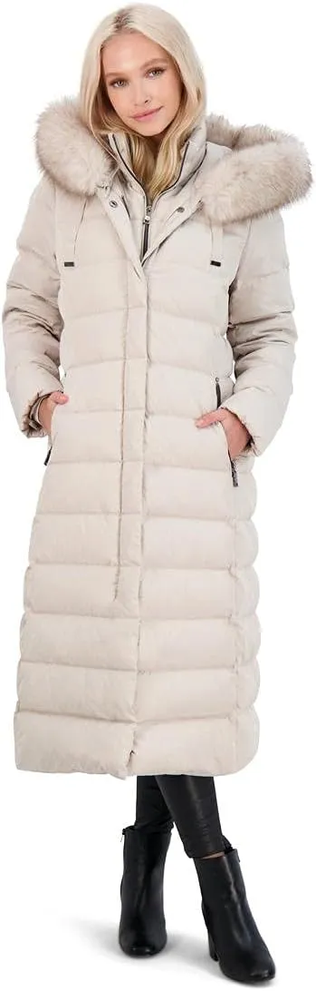 TAHARI Nellie Long Coat for Women-Insulated Jacket with Removable Faux Fur Trim