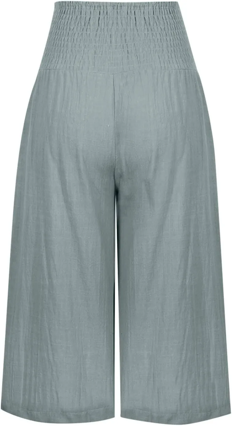TANGNADE Cotton Linen Pants Women Plus Size Wide Leg Capri 2025 Vacation Summer Capris Lightweight Dressy Outfits