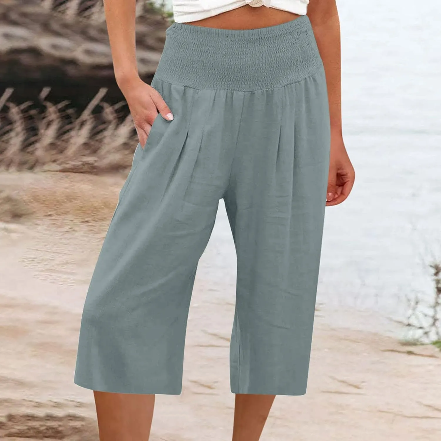 TANGNADE Cotton Linen Pants Women Plus Size Wide Leg Capri 2025 Vacation Summer Capris Lightweight Dressy Outfits