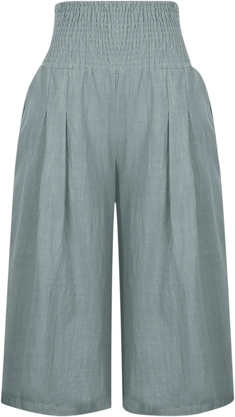 TANGNADE Cotton Linen Pants Women Plus Size Wide Leg Capri 2025 Vacation Summer Capris Lightweight Dressy Outfits
