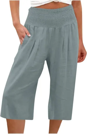TANGNADE Cotton Linen Pants Women Plus Size Wide Leg Capri 2025 Vacation Summer Capris Lightweight Dressy Outfits
