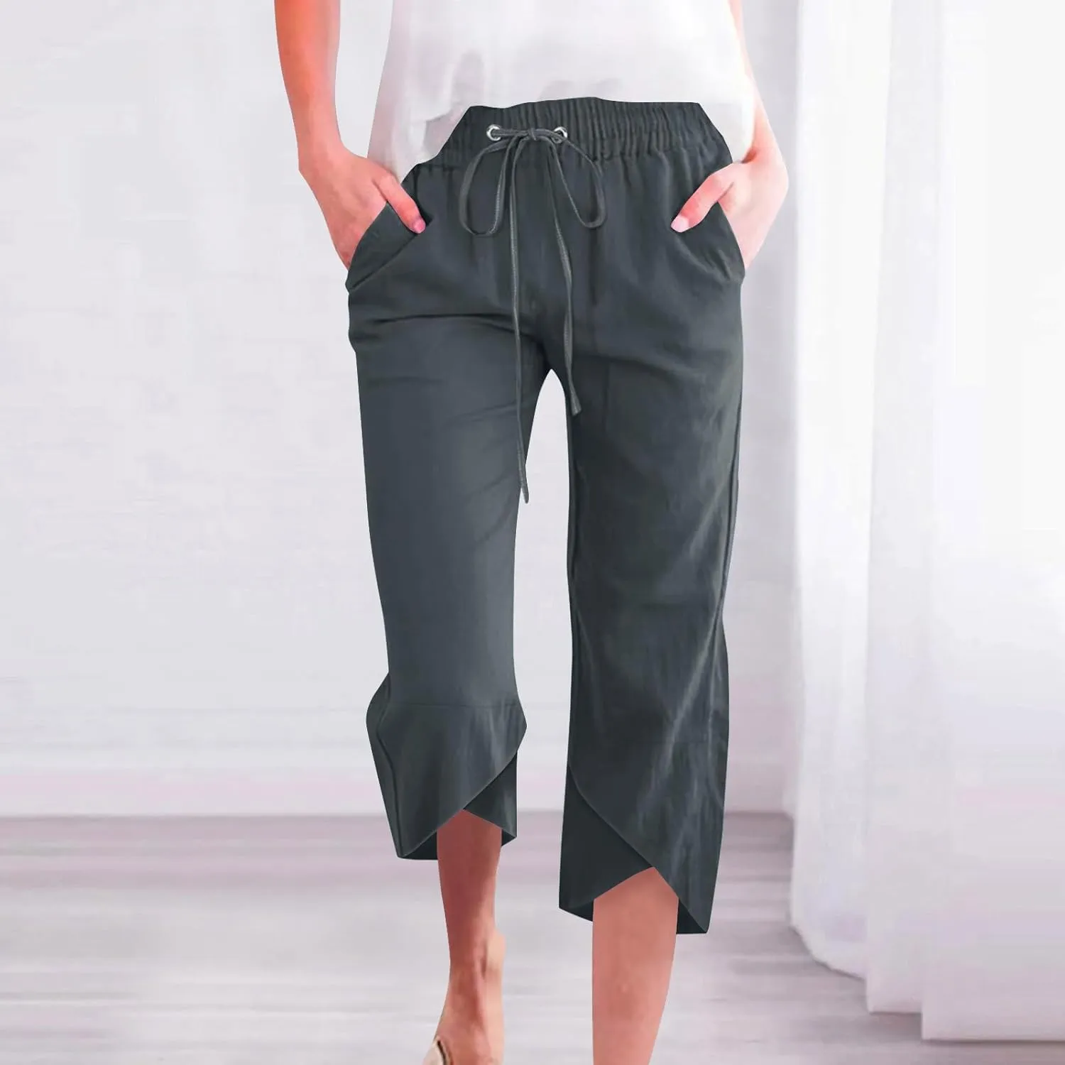 TANGNADE Womens Cotton Linen Wide Leg Capris Pants Casual Loose Beach Summer Ladies Capri Travel Boho Trouser