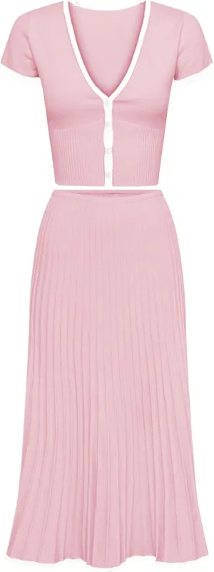Tanming Women's Two Piece Skirt Set Casual Short Sleeve Crop Top Ribbed Knit Midi Pleated Skirt
