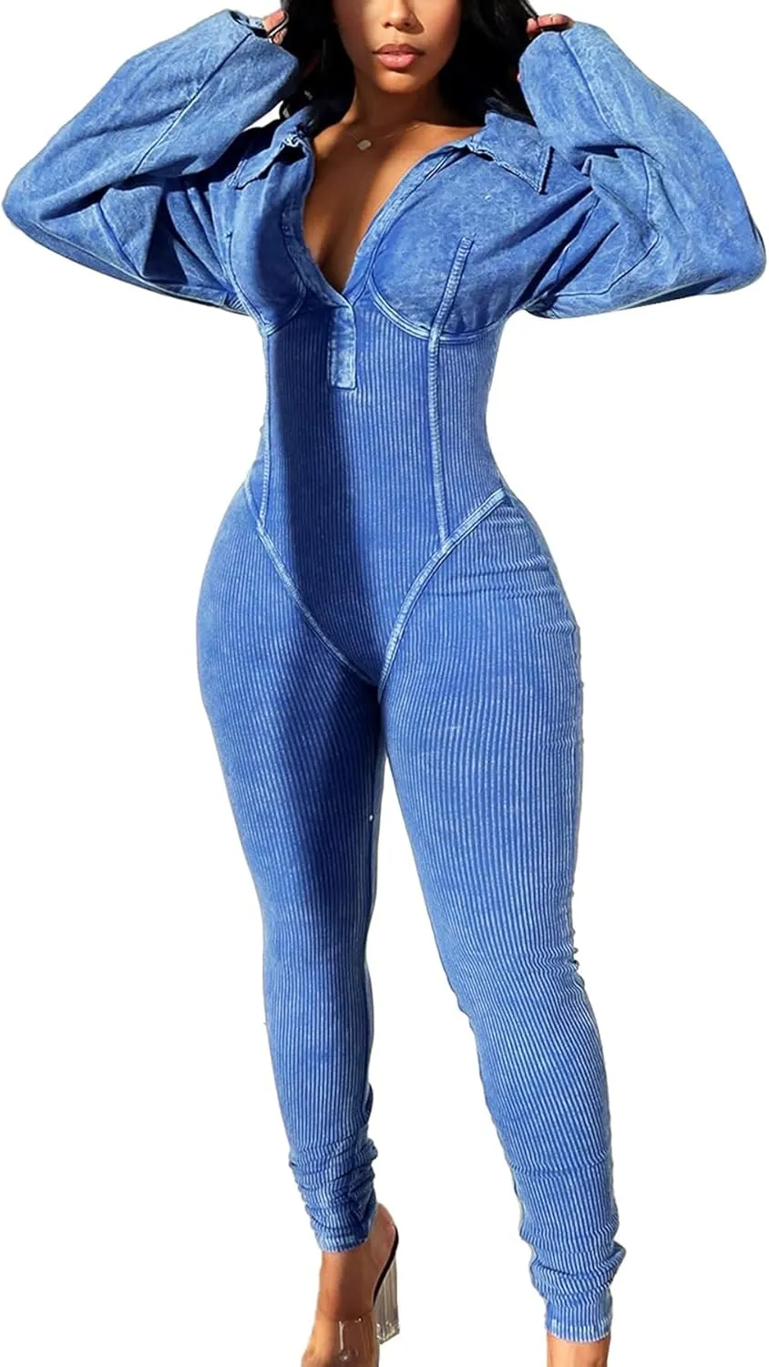 Tcremisa Women's Distressed Long Sleeve Jumpsuit Stretchy Lapel V Neck Ribbed Patchwork Bodycon Long Pants Rompers