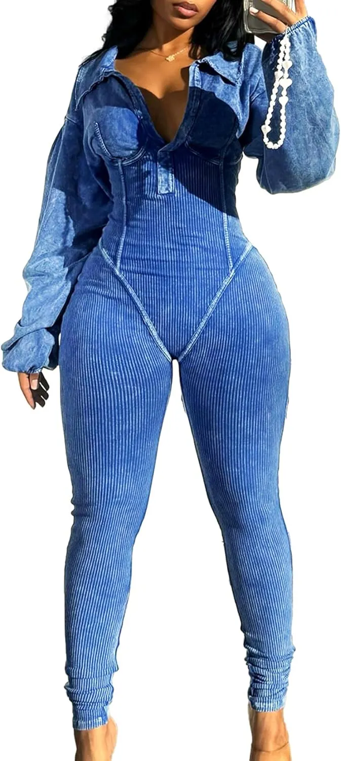 Tcremisa Women's Distressed Long Sleeve Jumpsuit Stretchy Lapel V Neck Ribbed Patchwork Bodycon Long Pants Rompers