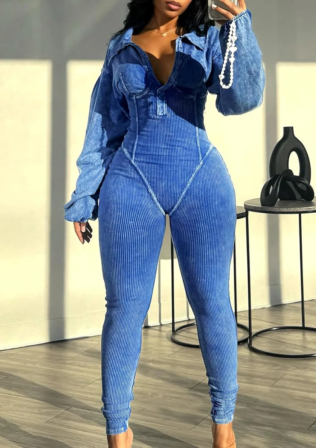 Tcremisa Women's Distressed Long Sleeve Jumpsuit Stretchy Lapel V Neck Ribbed Patchwork Bodycon Long Pants Rompers