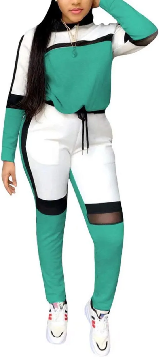 ThusFar Women's Casual Sweatsuit Two Piece Outfits Patchwork Net Color Block Pocket Hooded Top Pant Set Jogger Tracksuit