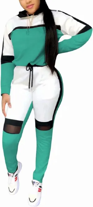 ThusFar Women's Casual Sweatsuit Two Piece Outfits Patchwork Net Color Block Pocket Hooded Top Pant Set Jogger Tracksuit