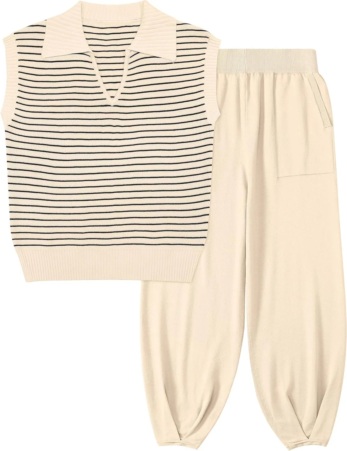UEU Women's 2 Piece Outfits 2025 Summer Striped Knit Sweater Vest Top & Pants Casual Travel Matching Trendy Lounge Sets