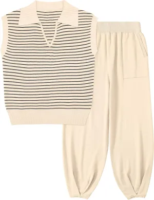 UEU Women's 2 Piece Outfits 2025 Summer Striped Knit Sweater Vest Top & Pants Casual Travel Matching Trendy Lounge Sets