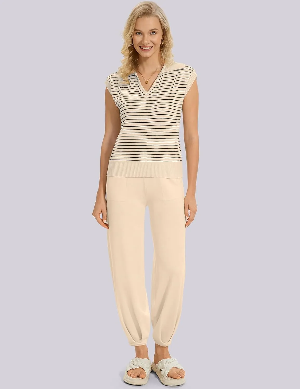 UEU Women's 2 Piece Outfits 2025 Summer Striped Knit Sweater Vest Top & Pants Casual Travel Matching Trendy Lounge Sets