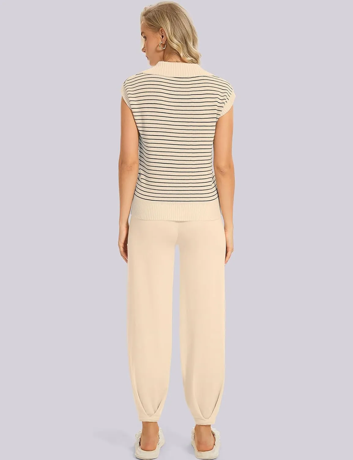 UEU Women's 2 Piece Outfits 2025 Summer Striped Knit Sweater Vest Top & Pants Casual Travel Matching Trendy Lounge Sets