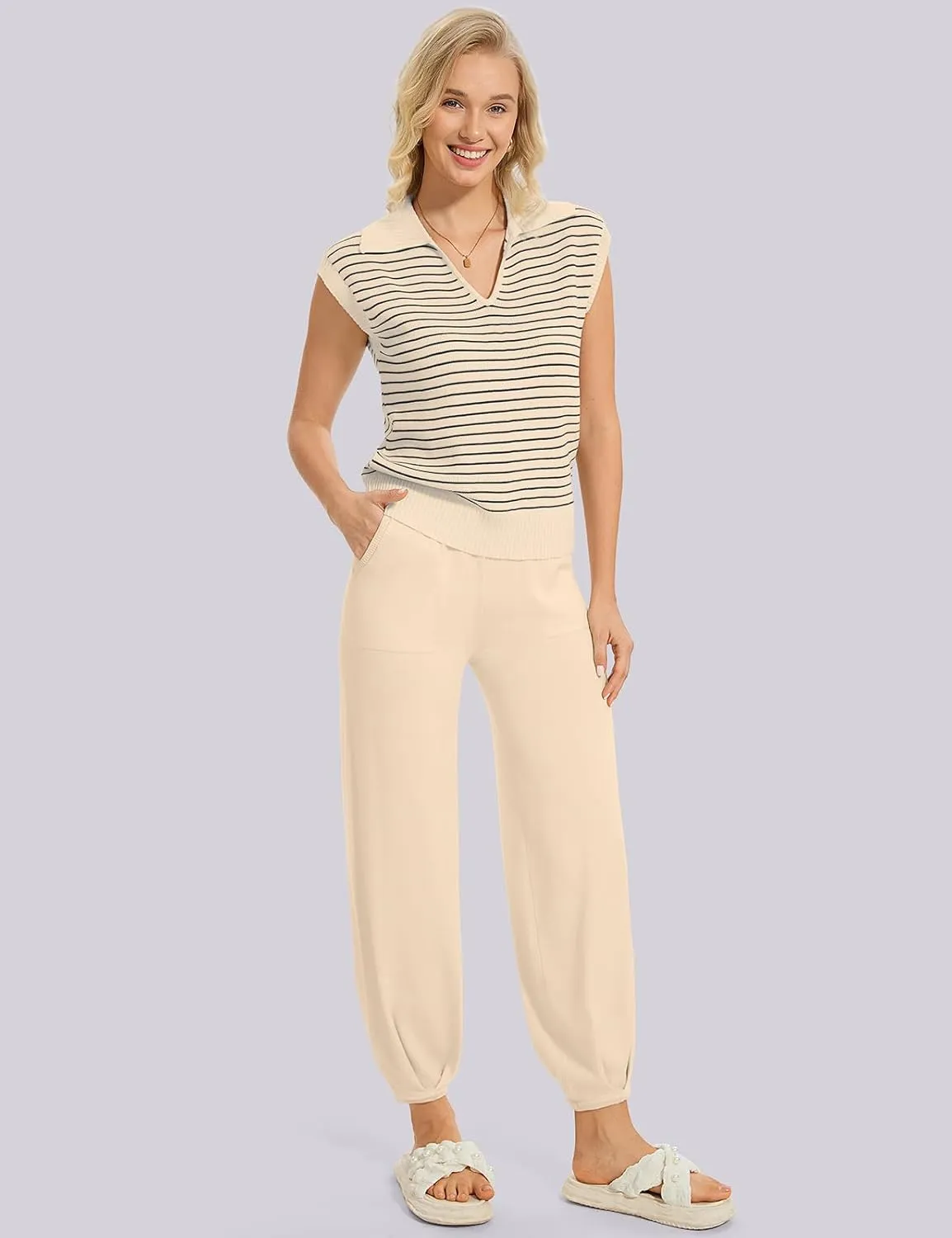 UEU Women's 2 Piece Outfits 2025 Summer Striped Knit Sweater Vest Top & Pants Casual Travel Matching Trendy Lounge Sets