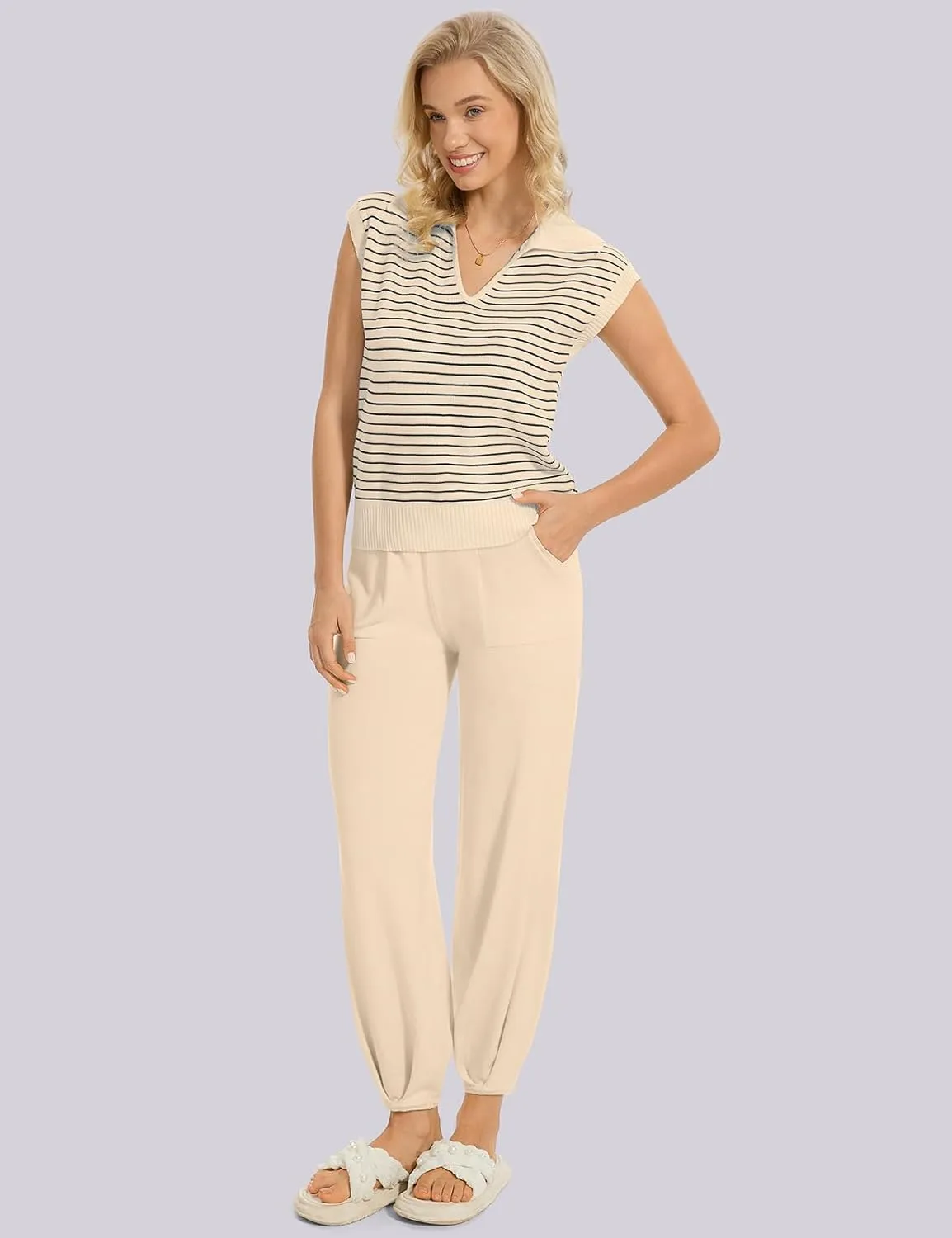 UEU Women's 2 Piece Outfits 2025 Summer Striped Knit Sweater Vest Top & Pants Casual Travel Matching Trendy Lounge Sets