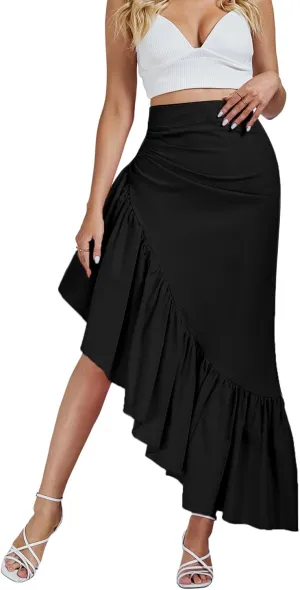 Umenlele Women's Ruched Ruffle High Low Asymmetrical Hem High Waist Midi Skirt