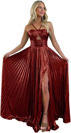 UZN Sparkly Satin Prom Dresses Long Spaghetti Straps Keyhole with Split Formal Party Gowns