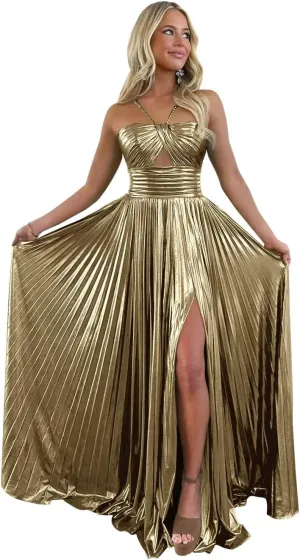 UZN Sparkly Satin Prom Dresses Long Spaghetti Straps Keyhole with Split Formal Party Gowns