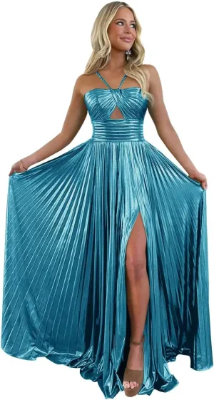 UZN Sparkly Satin Prom Dresses Long Spaghetti Straps Keyhole with Split Formal Party Gowns