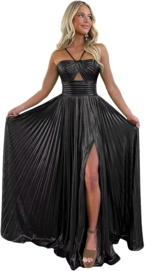 UZN Sparkly Satin Prom Dresses Long Spaghetti Straps Keyhole with Split Formal Party Gowns