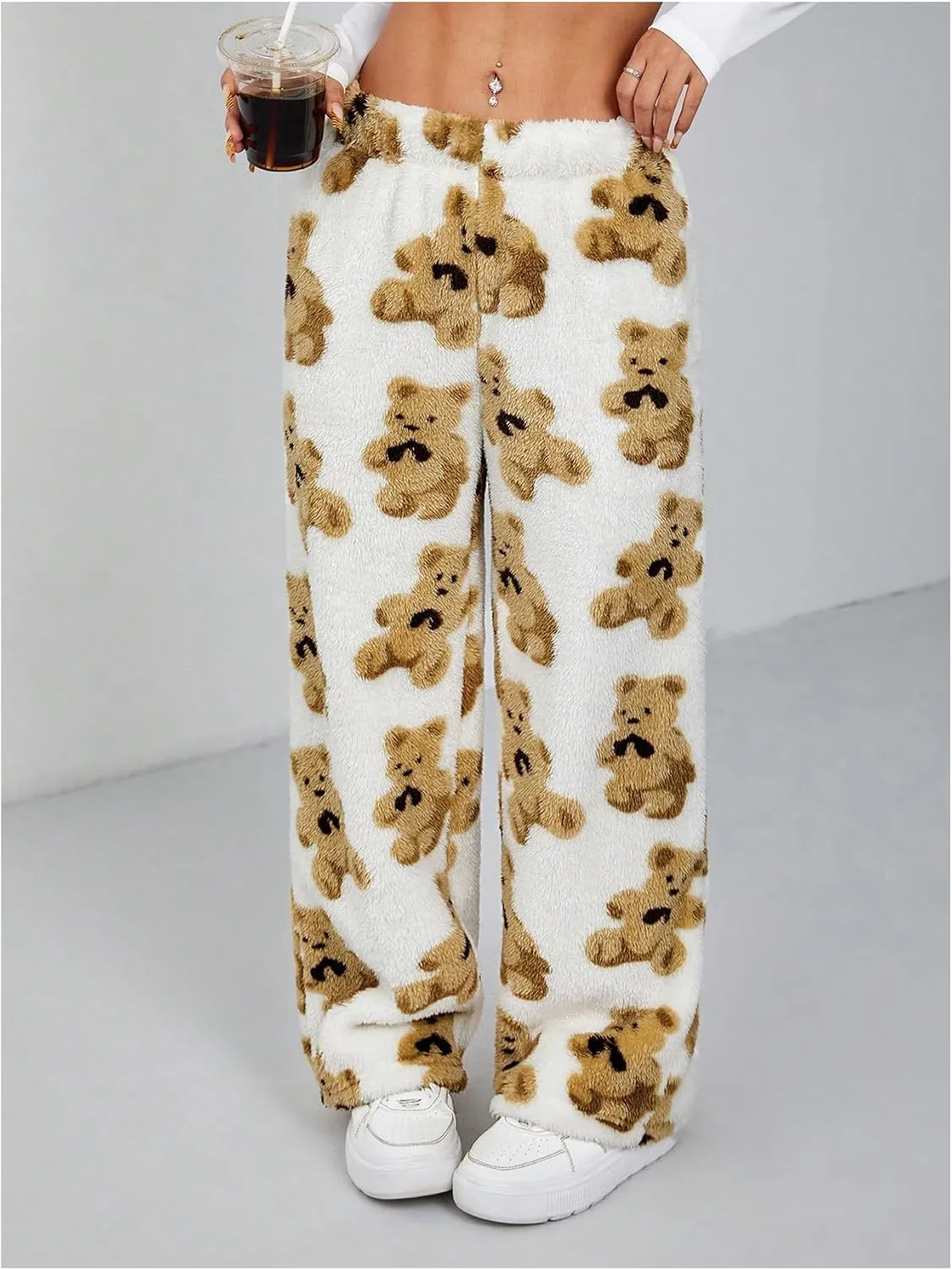 Verdusa Women's Bear Print Teddy Plush Fuzzy Fleece Wide Leg Lounge Long Pants Pajama Pants
