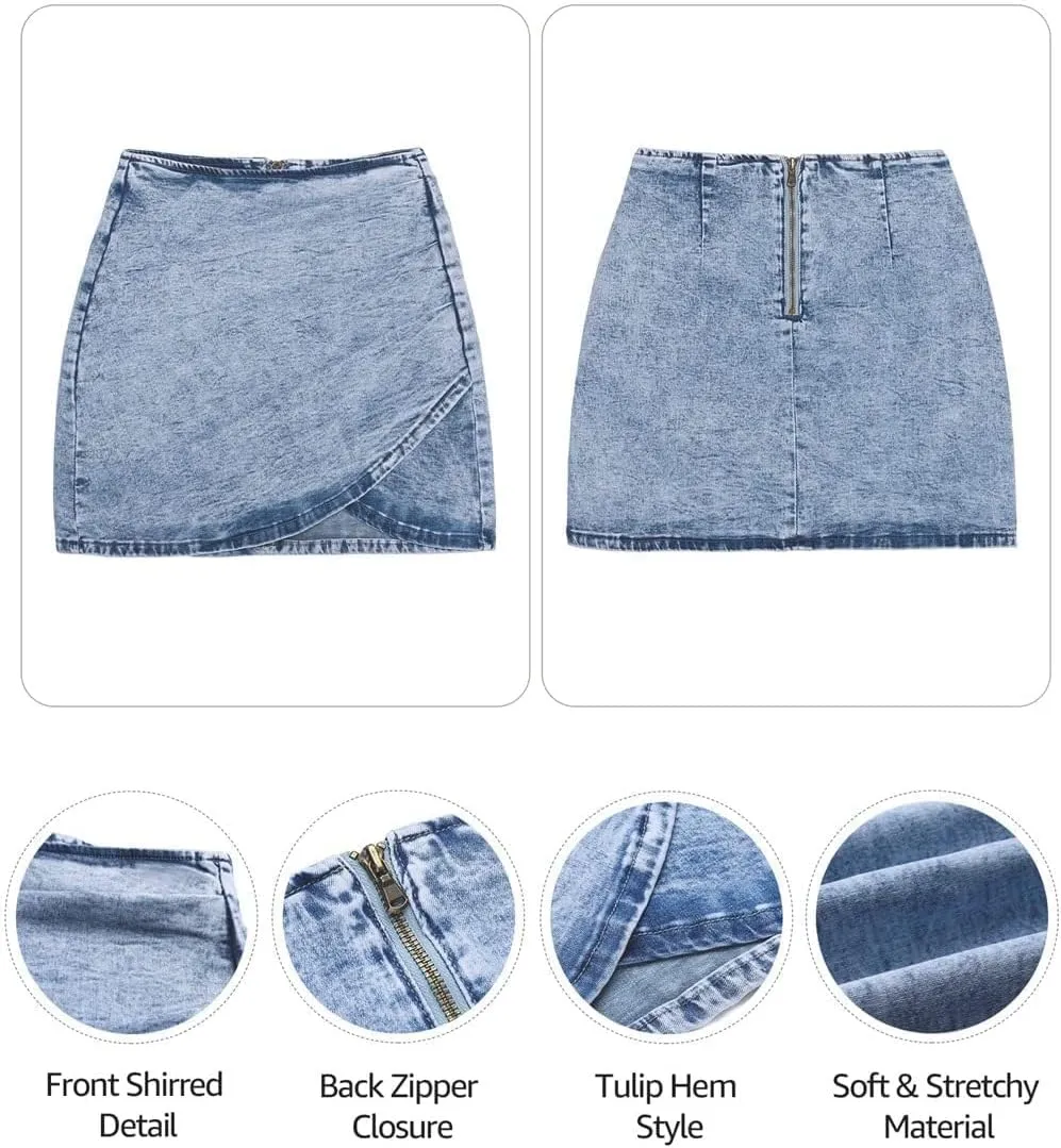 Vetinee Women's Tulip Hem Shirred Washed Casual Bodycon Short Jean Denim Skirt