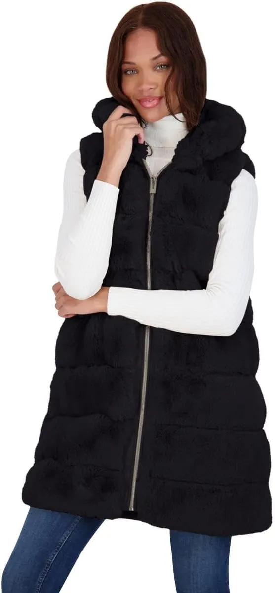 VIA SPIGA Women's Grooved Faux Fur Hooded Vest