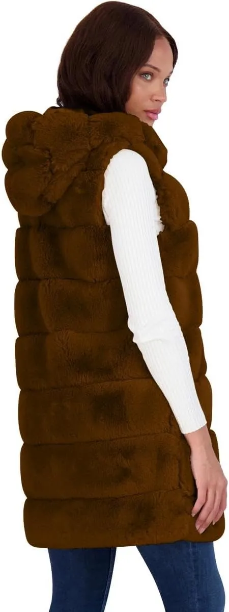 VIA SPIGA Women's Grooved Faux Fur Hooded Vest