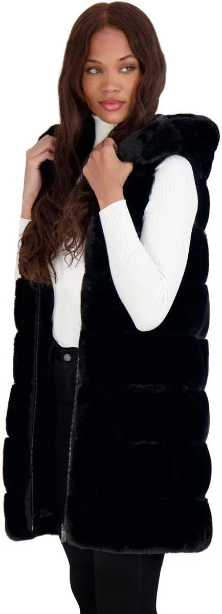 VIA SPIGA Women's Grooved Faux Fur Hooded Vest