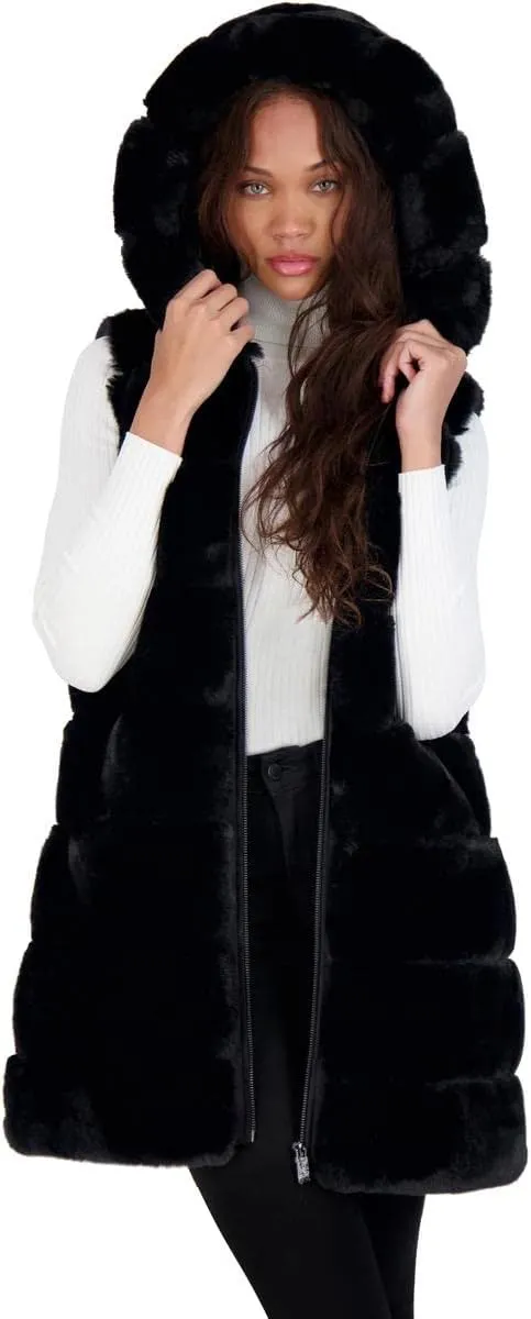 VIA SPIGA Women's Grooved Faux Fur Hooded Vest