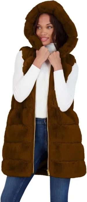 VIA SPIGA Women's Grooved Faux Fur Hooded Vest