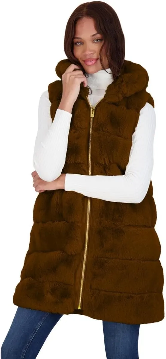 VIA SPIGA Women's Grooved Faux Fur Hooded Vest