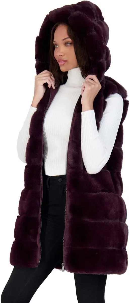 VIA SPIGA Women's Grooved Faux Fur Hooded Vest