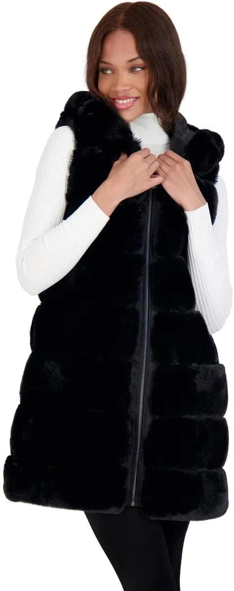 VIA SPIGA Women's Grooved Faux Fur Hooded Vest