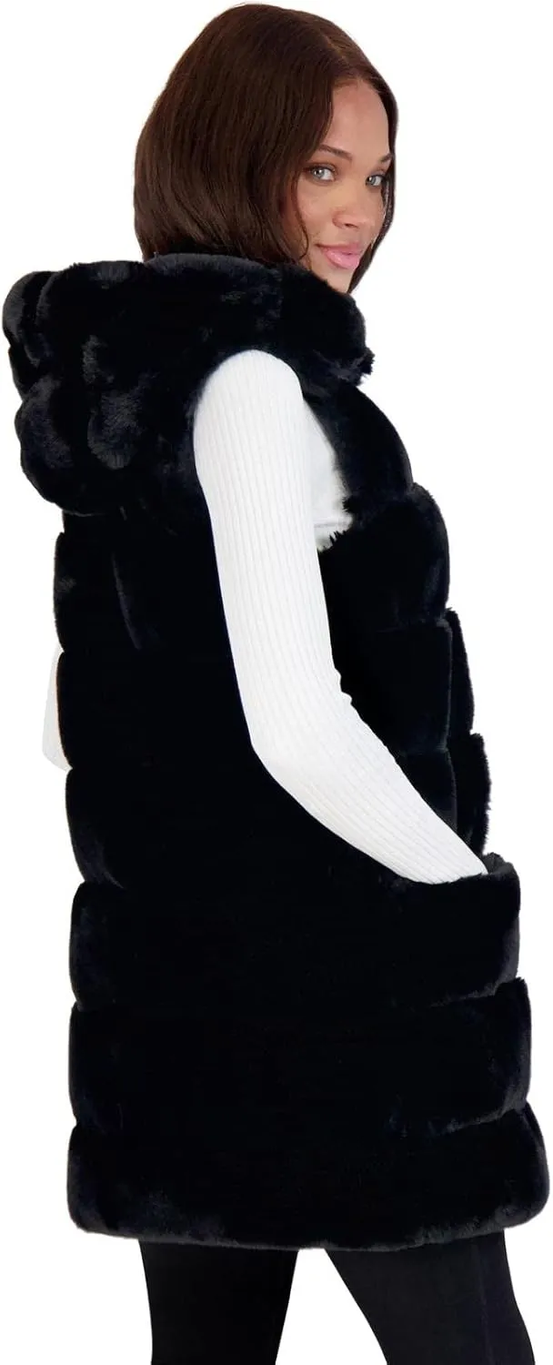 VIA SPIGA Women's Grooved Faux Fur Hooded Vest
