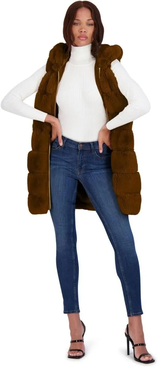 VIA SPIGA Women's Grooved Faux Fur Hooded Vest