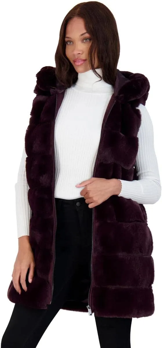 VIA SPIGA Women's Grooved Faux Fur Hooded Vest