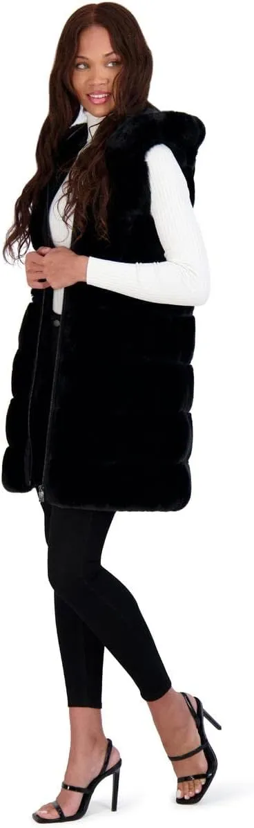 VIA SPIGA Women's Grooved Faux Fur Hooded Vest