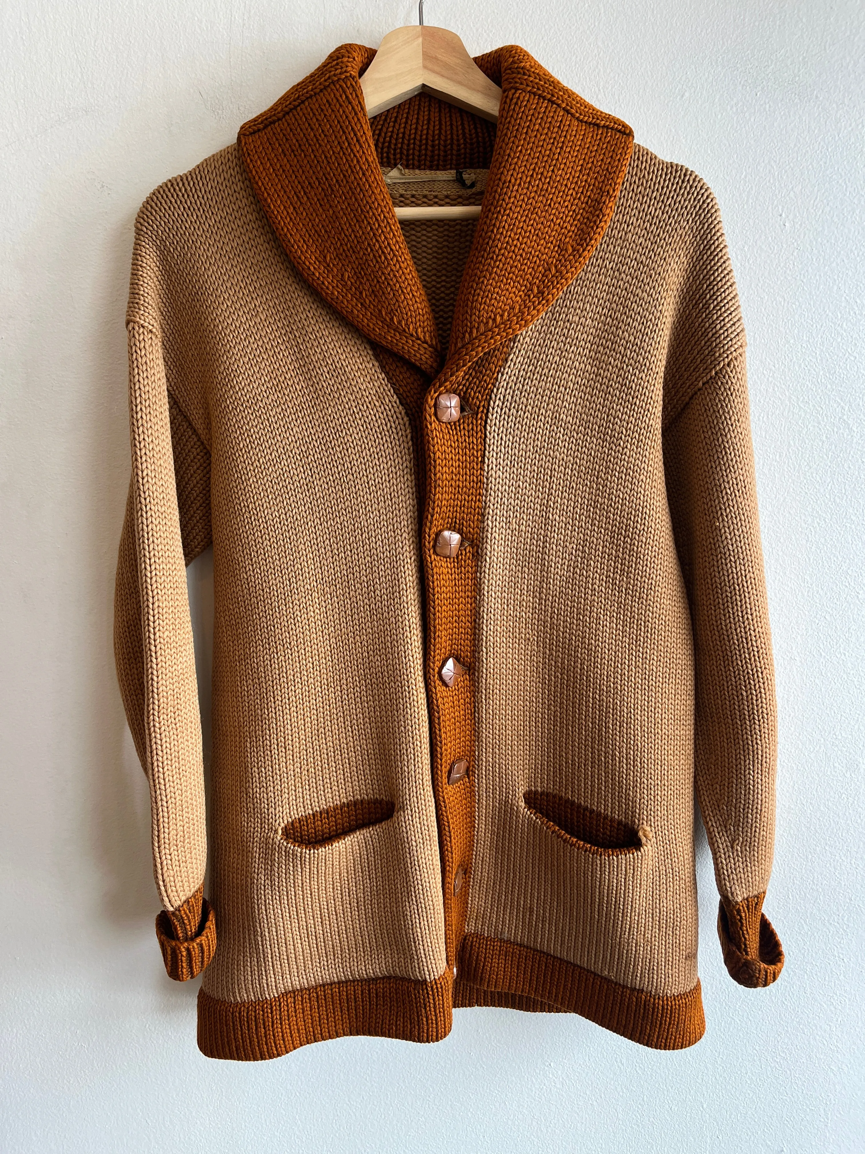 Vintage 1920/30s Shawl Collar Two-Tone Knit Wool Cardigan