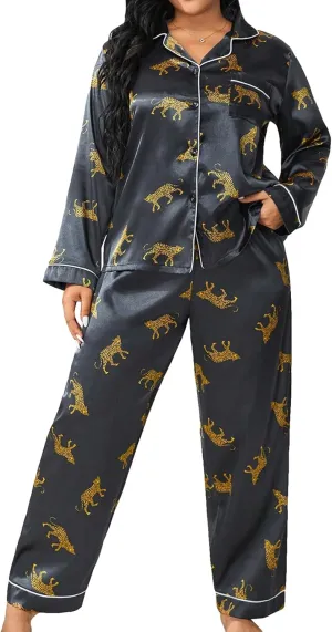 WDIRARA Women's Plus Size 2 Piece Satin Pajama Set Leopard Animal Print Long Sleeve Button Shirt and Pants Sleepwear