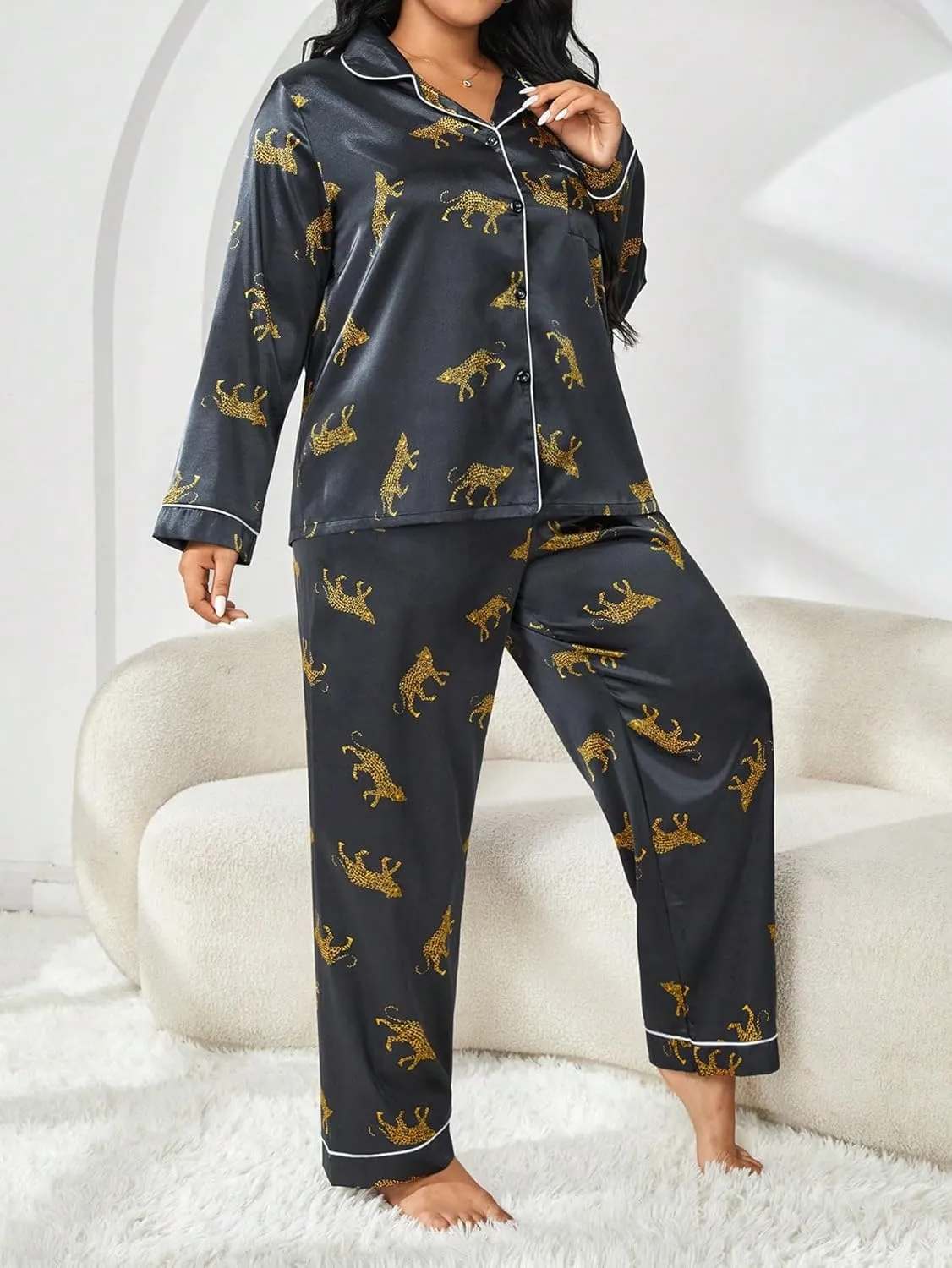 WDIRARA Women's Plus Size 2 Piece Satin Pajama Set Leopard Animal Print Long Sleeve Button Shirt and Pants Sleepwear