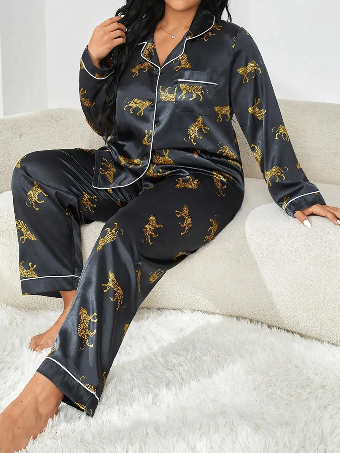 WDIRARA Women's Plus Size 2 Piece Satin Pajama Set Leopard Animal Print Long Sleeve Button Shirt and Pants Sleepwear
