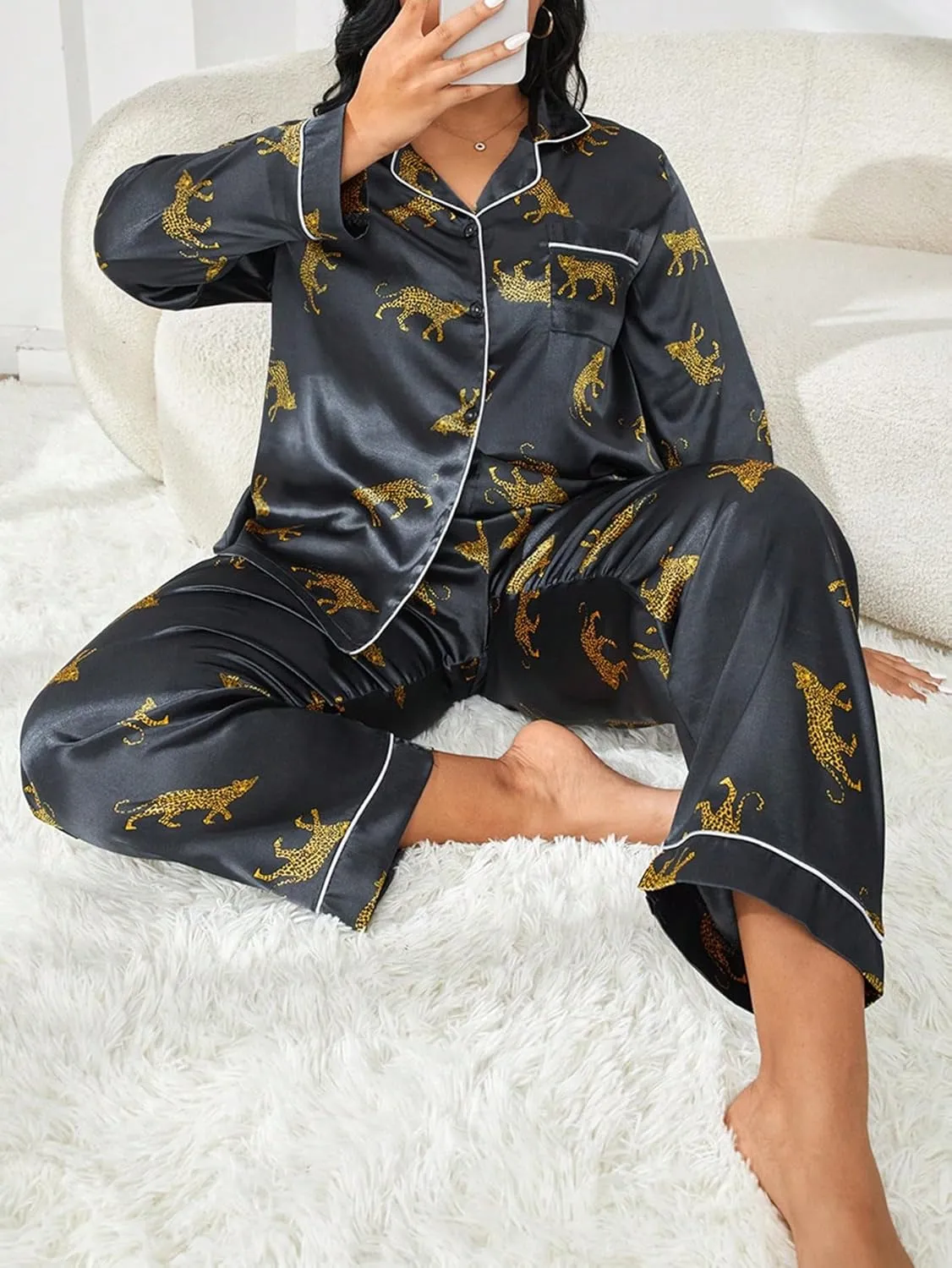 WDIRARA Women's Plus Size 2 Piece Satin Pajama Set Leopard Animal Print Long Sleeve Button Shirt and Pants Sleepwear