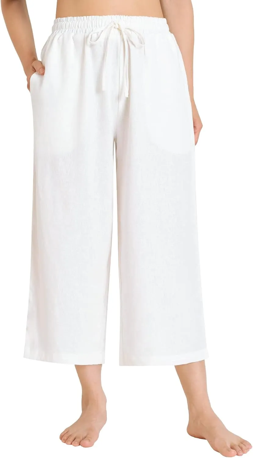 Weintee Women's Linen Capris Wide Leg Cropped Pants with Pockets