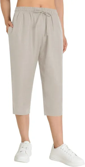 Weintee Women's Petite Linen Capris Capri Pants with Pockets