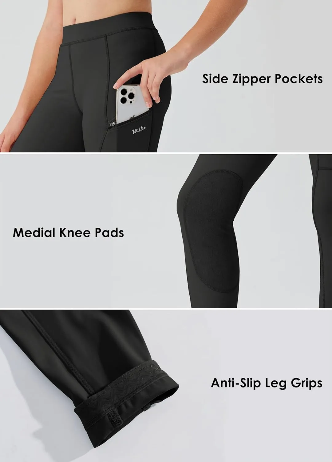 Willit Girls Horse Riding Pants Tights Kids Equestrian Breeches Knee-Patch Youth Schooling Tights Zipper Pockets