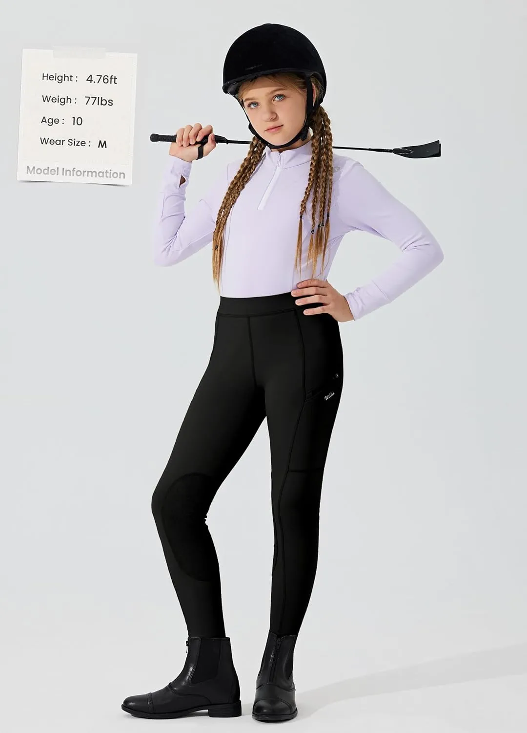Willit Girls Horse Riding Pants Tights Kids Equestrian Breeches Knee-Patch Youth Schooling Tights Zipper Pockets