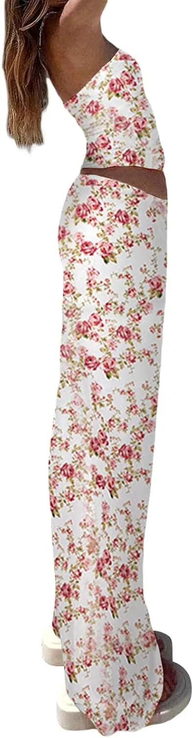 Women 2 Piece Long Skirt Set Floral Strapless Tube Top and Bodycon Maxi Skirts Summer Vintage Streetwear