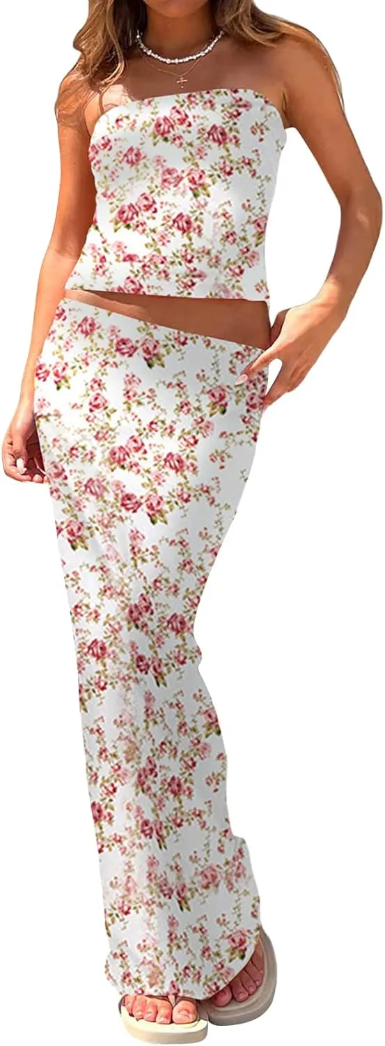 Women 2 Piece Long Skirt Set Floral Strapless Tube Top and Bodycon Maxi Skirts Summer Vintage Streetwear