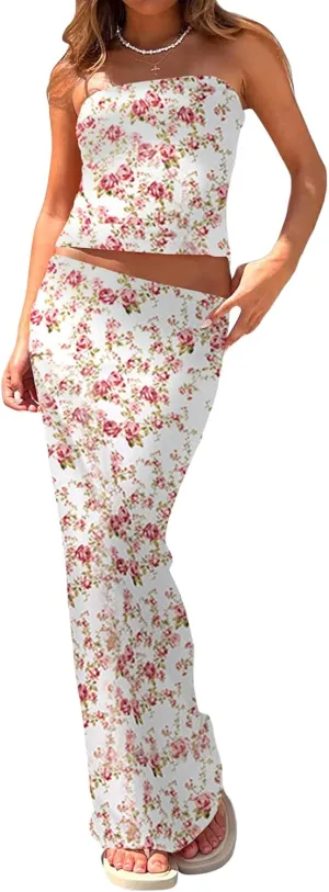 Women 2 Piece Long Skirt Set Floral Strapless Tube Top and Bodycon Maxi Skirts Summer Vintage Streetwear