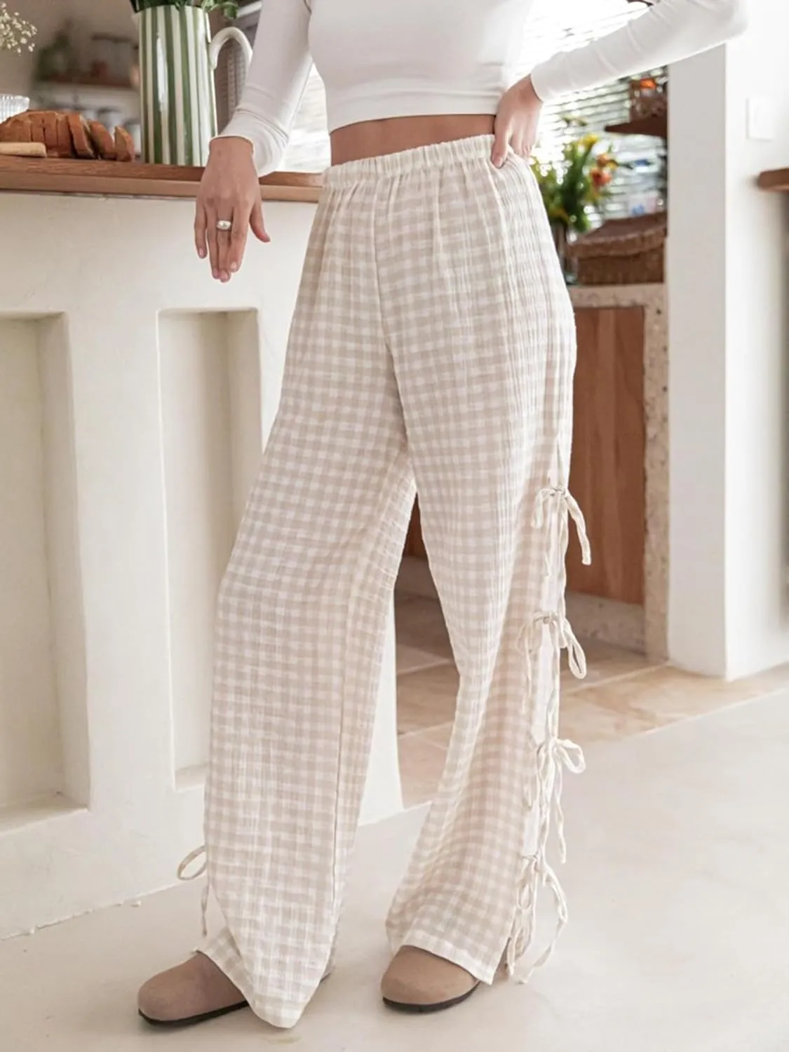 Women Bow Tie Side Split Wide Leg Y2k Plaid Pants High Waist Print Lounge Pants Trousers